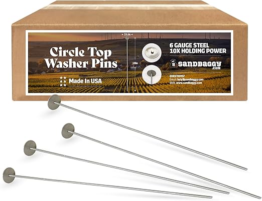 Sandbaggy 18 Inch Circle Top Pins | Made in USA | Industrial Grade 6 Gauge Steel | Great for Hard & Rocky Soil | Holds 10X Better | Landscape Staples SOD Garden Stakes Weed Barrier (18 Inch - 100 Pcs)