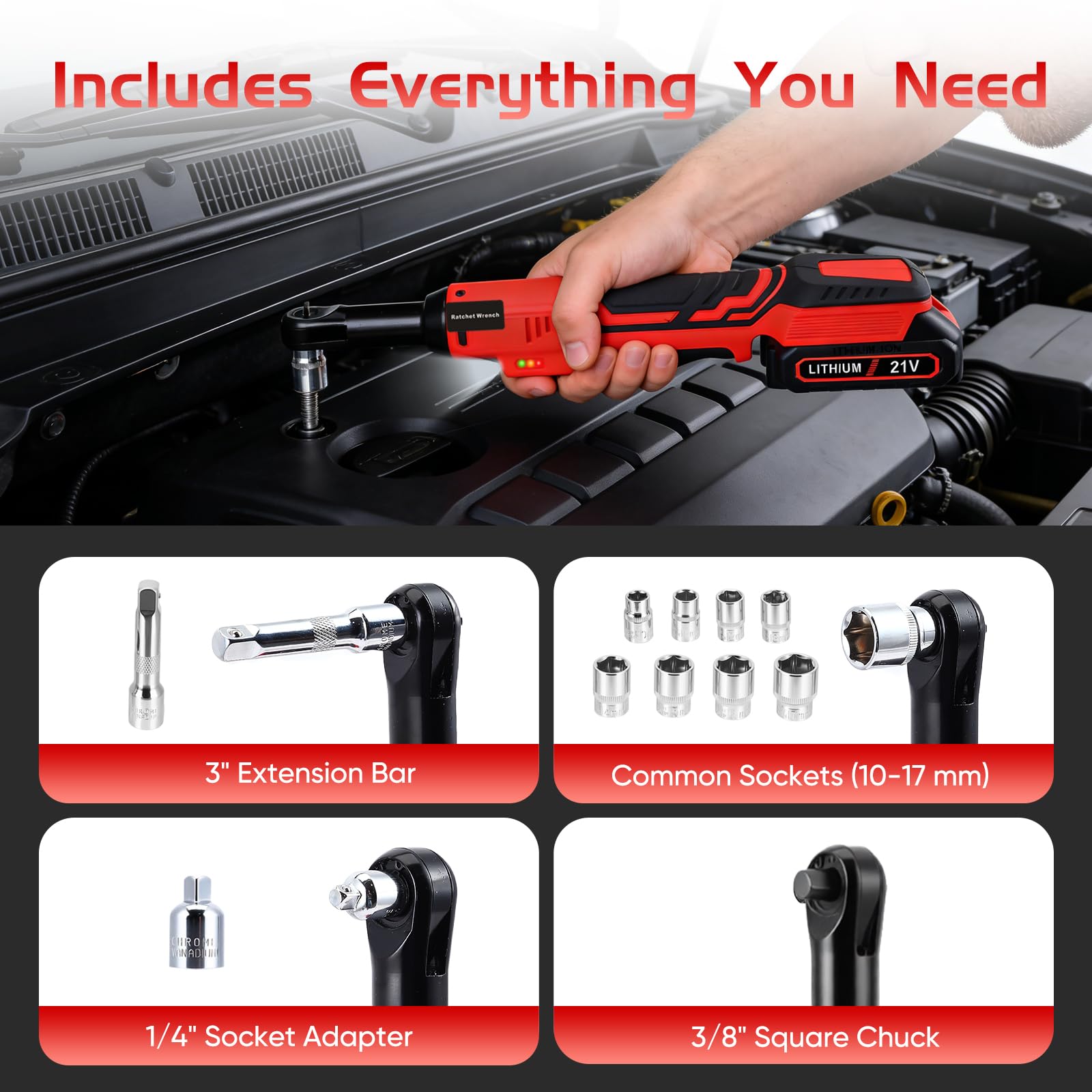Avvitatore a cricchetto a batteria da 3/8", 60 Nm, chiave a cricchetto elettrica, regolazione continua della velocità con 2 batterie da 2,0 Ah, set di chiavi a cricchetto da 10 pezzi, ideale per