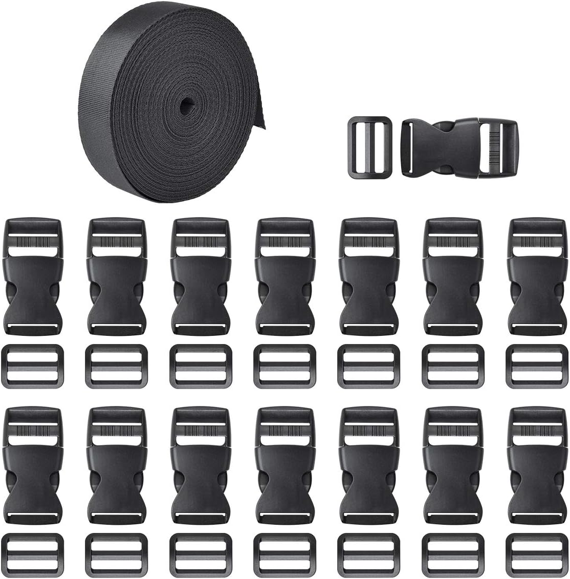 Hotgod 15 Set Black Plastic 1 Inch Flat Side Release Buckles and Tri-Glide Slides with 1 Roll 1Inch Wide 11 Yards Nylon Webbing Straps for DIY Making Luggage Strap Pet Collar Backpack Repairing