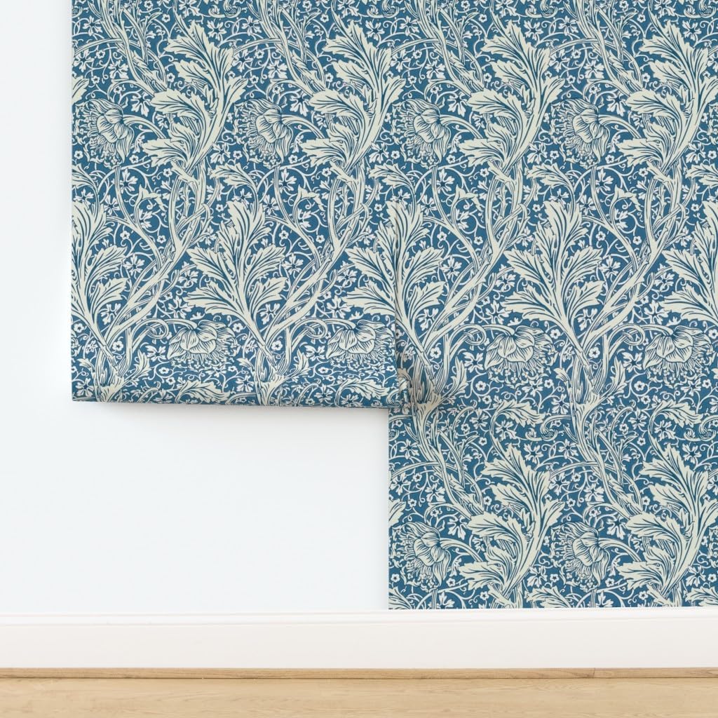 Removable Wallpaper 6ft x 2ft - Victorian Floral Arts Teal Blue Custom Pre-Pasted Wallpaper by Spoonflower