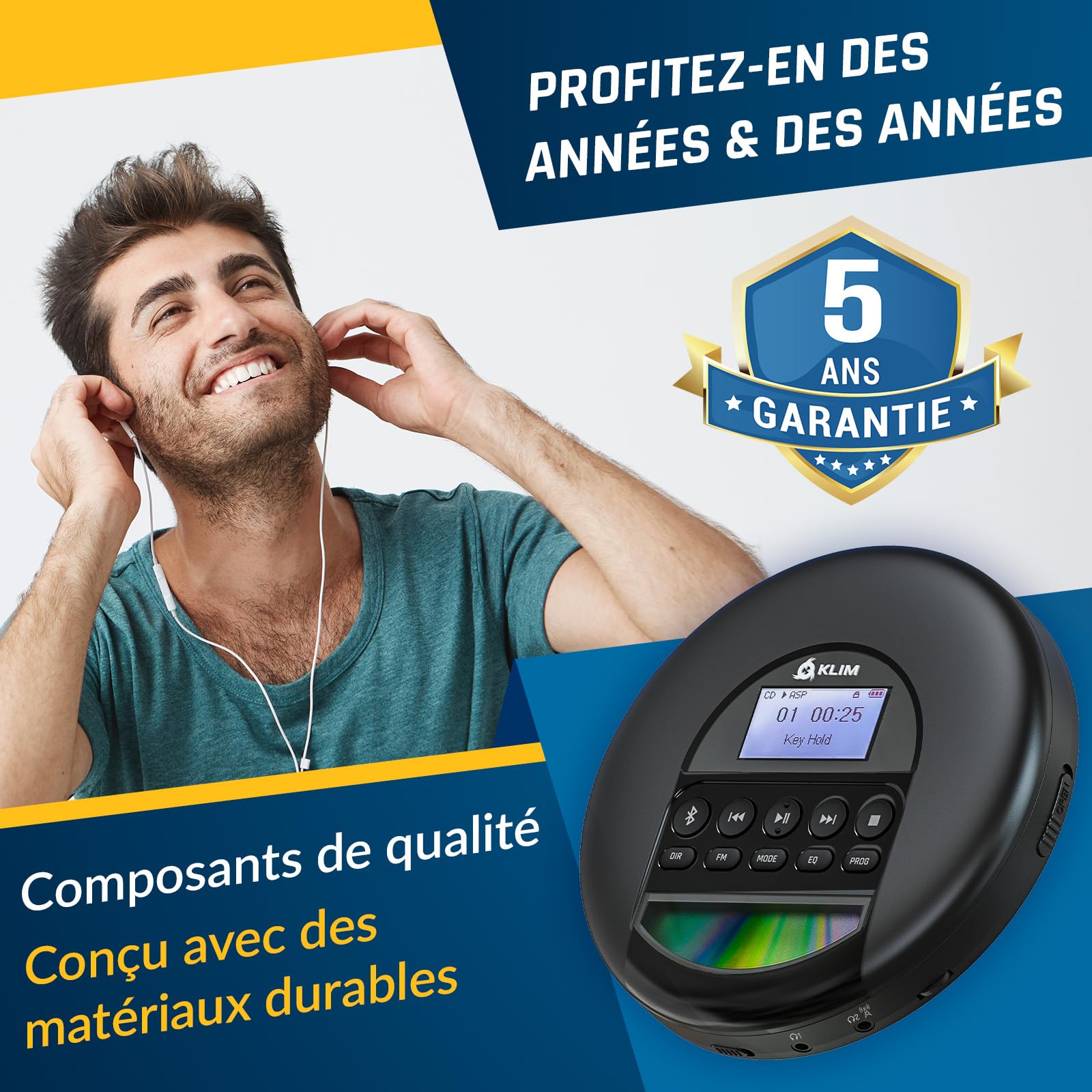 KLIM Nomad Lecteur CD Portable - Batterie Intégrée Longue Durée - avec Écouteurs - Compatible CD-R, CD-RW, MP3-16GB TF Card - Bluetooth Baladeur Lecteur CD pour Voiture, Maison, Extérieur - Noir