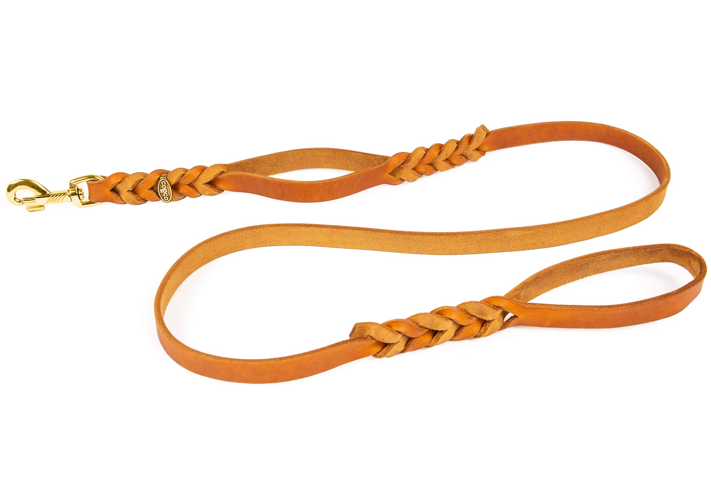 CopcoPet - Correa para perros Cognac 2 m x 20 mm de piel de vacuno premium - Correa de piel engrasada suave con mosquetón de latón - Correa trenzada con 2 correas de mano - Accesorios para perros 100%