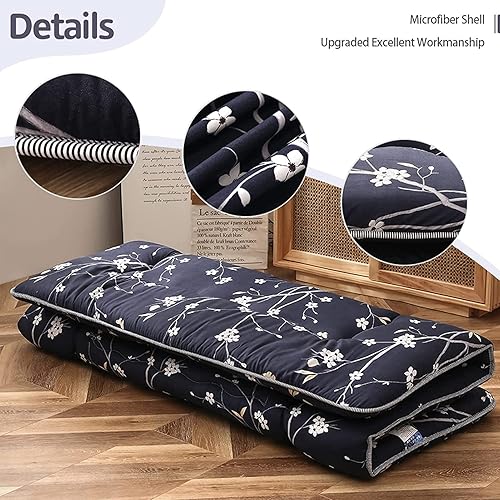 Miniatura 17 de MAXYOYO El mármol negro imprimió el futón japonés, la almohadilla de dormir espesa enrolla el colchón que acampa Mármol negro,Flor 1,floral azul