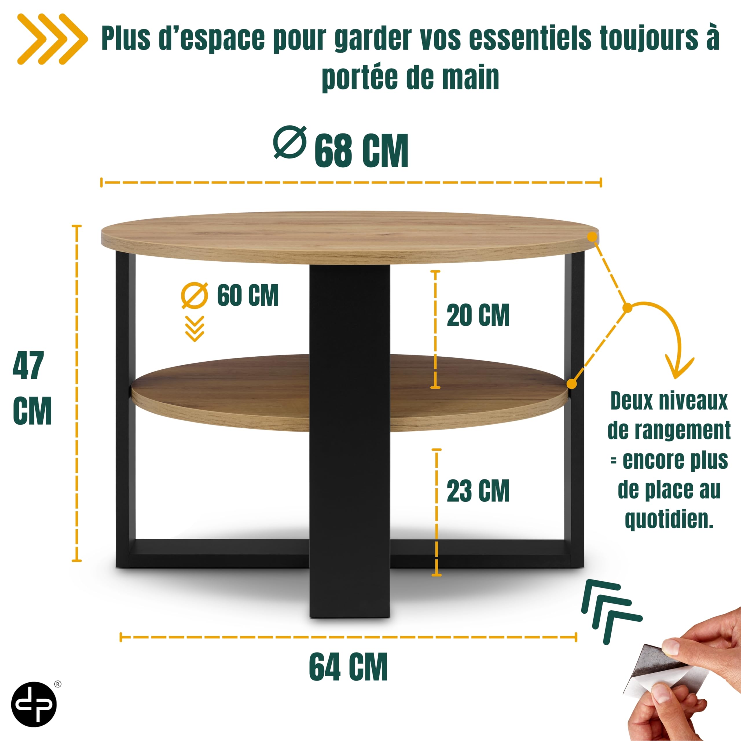 defiPad Table Basse Ronde Ø70 cm – Table d’appoint Bout de canapé avec étagère, 2 Niveaux, Meuble de Salon Moderne, Blanc et chêne, Design Industriel, fabriquée en UE (Noir et Chêne)