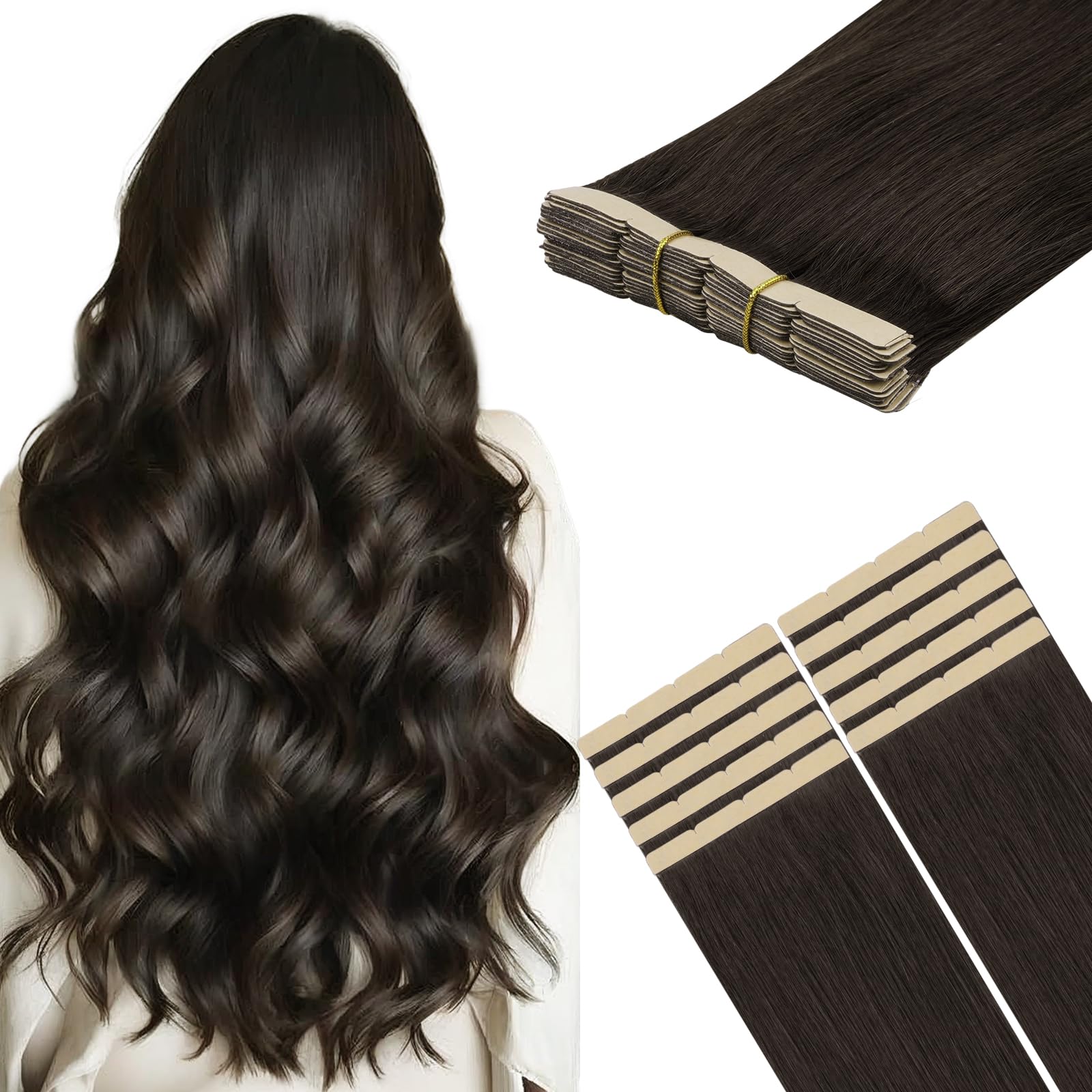 Hotbanana Tape in Hair Extensions Human Hair, Dark Brown 14 Inch 50g 10pcs