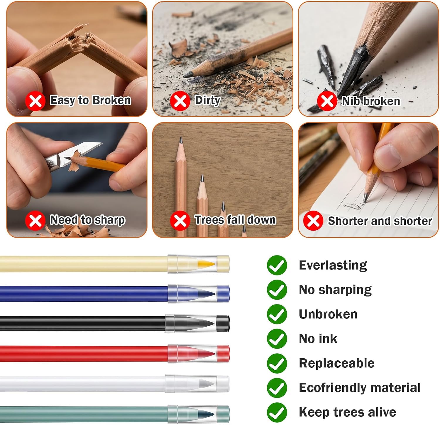 60 Pcs Eternal Pencil with Erasers, Reusable Inkless Never Ending Pencil image 3