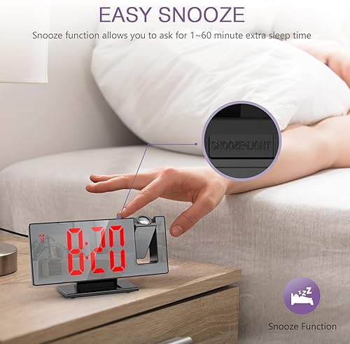 Miniatura 6 de ORIA Reloj despertador de proyección, reloj despertador LED de 7.8 pulgadas con proyección, espejo LED despertador digital con puerto de carga USB,