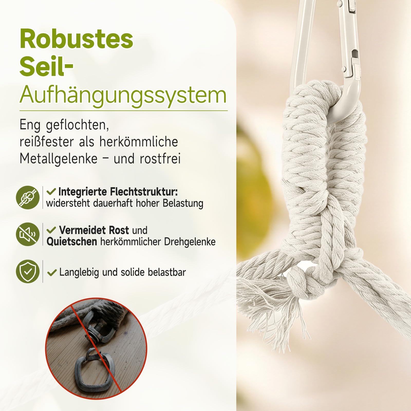 Sekey Hängesessel mit 2 Kissen & Seitentasche - Boho Hängestuhl bis 120 kg - Robuste Metallstange & Anti-Rutsch-Ringe - Atmungsaktive Hängeschaukel für Indoor, Balkon & Garten, Beige