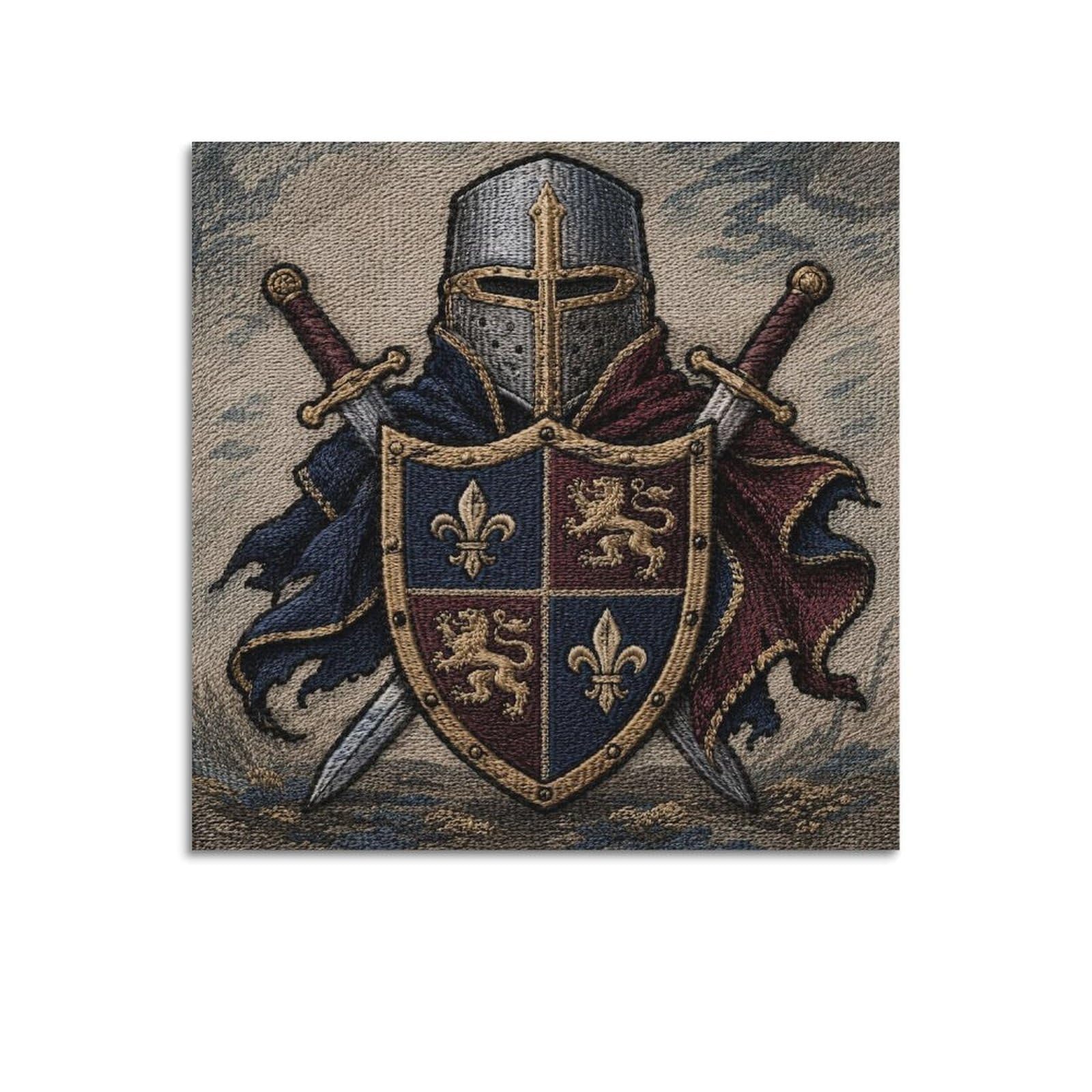 XKUGA Needlepoint Heraldic Shield Gothic Poster Medieval Lion Crest Modern Decorative Canvas Prints - Ideal Wall Art for Family, Man Cave, Game Room, Boys & Girls Bedroom 12x12inch(30x30cm)