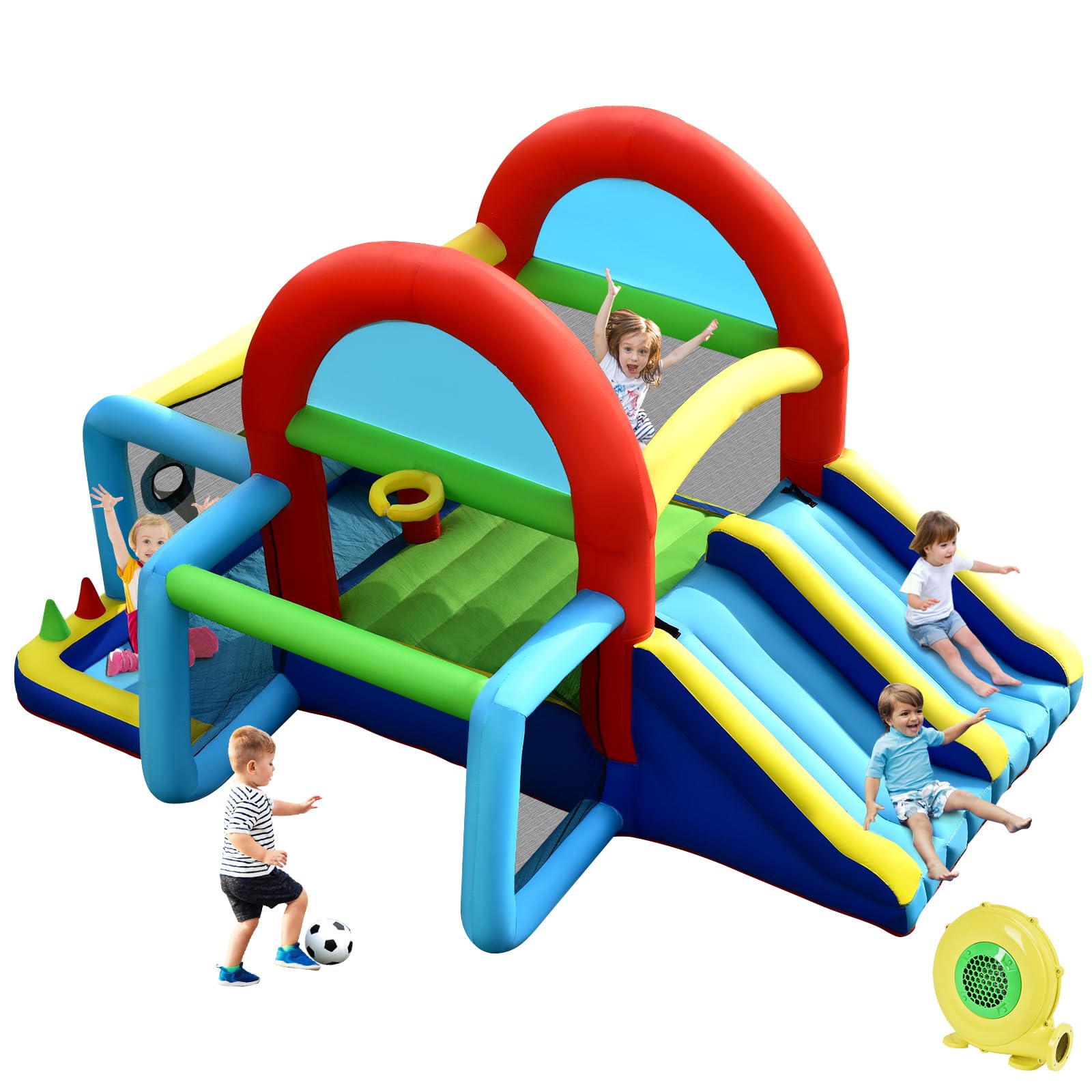 COSTWAY Castello Gonfiabile per bambini, Casa Gonfiabile con Doppio Scivolo, Area per Saltare, Piscina, con Borsa di Trasporto e Kit di Riparazione, per 4 Bambini di 3-10 Anni (Con soffiatore)