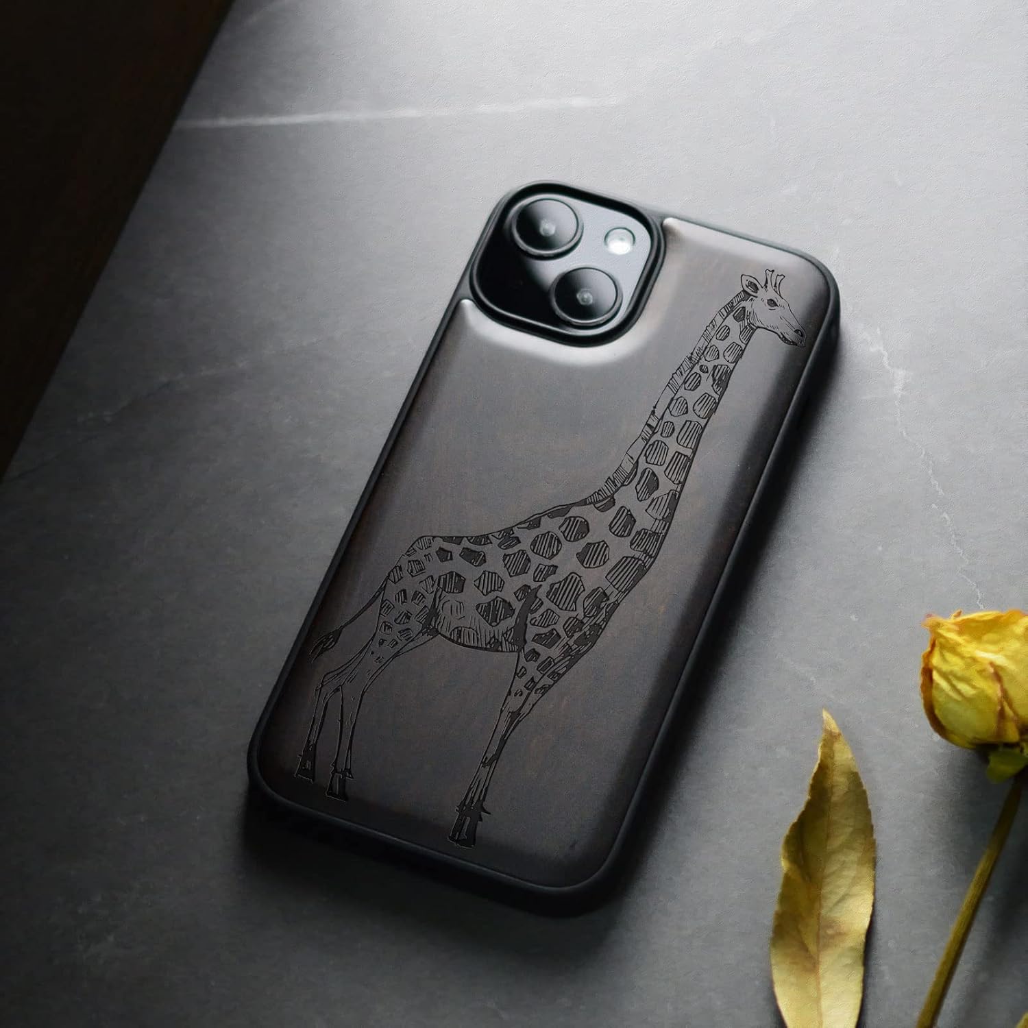 Carveit Magnetic Wood Case for iPhone 14 Case [Natural Wood & Black Soft TPU] Unique & Classy Wooden Shockproof Protective Cover Compatible with magsafe (Giraffe Carving -Blackwood)