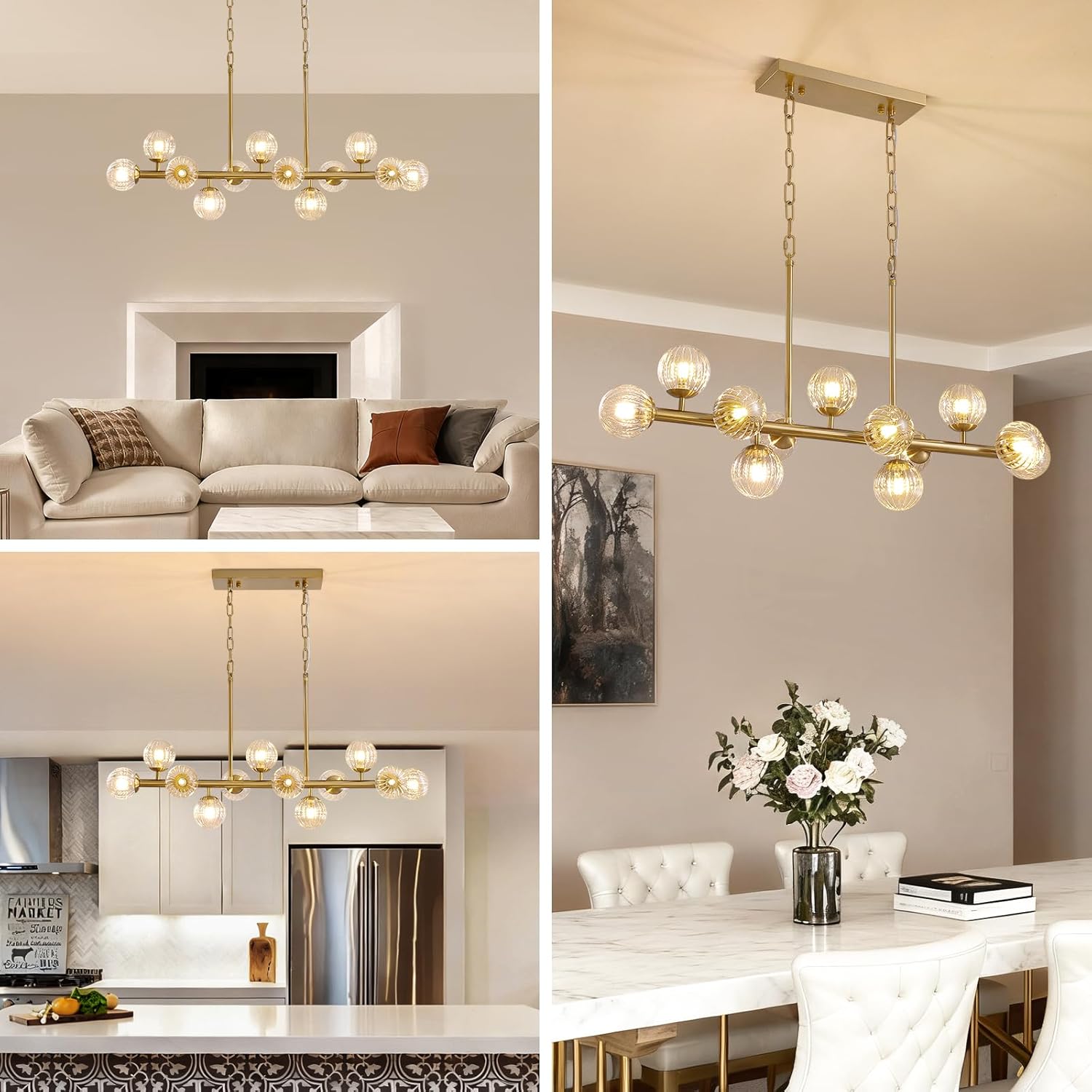 MOOONIHCE Modern Dining Room Chandelier, 39" Gold Sputnik Chandelier with Clear Globe, Kitchen Island, Rectangular Pendant Lights Chandelier, Linear Chandeliers for Dining Room