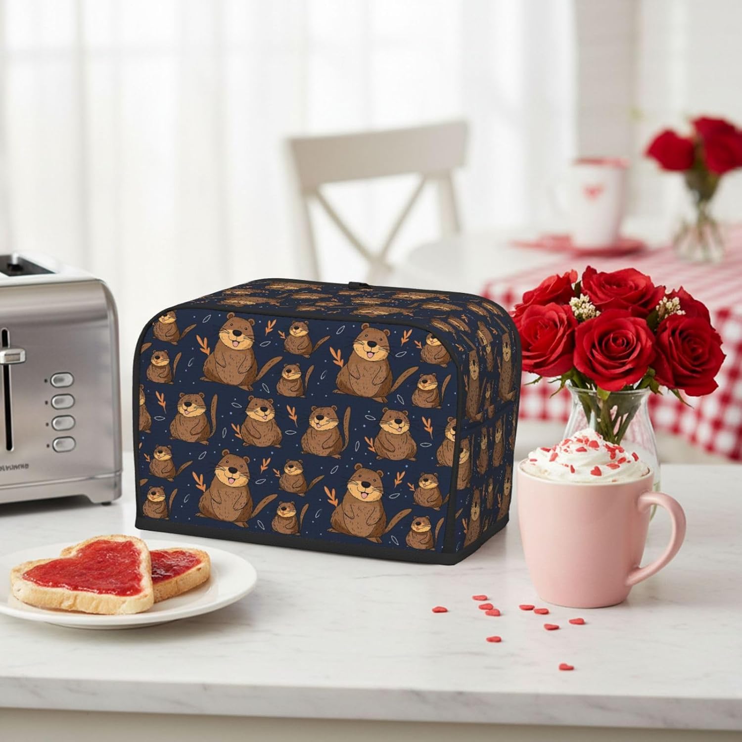 Brown Beaver Leaf 2 Slice Toaster Cover, Waterproof Toaster Dust Cover Bread Machine Protector for Small Kitchen Appliance Dining Room Home Table Decor