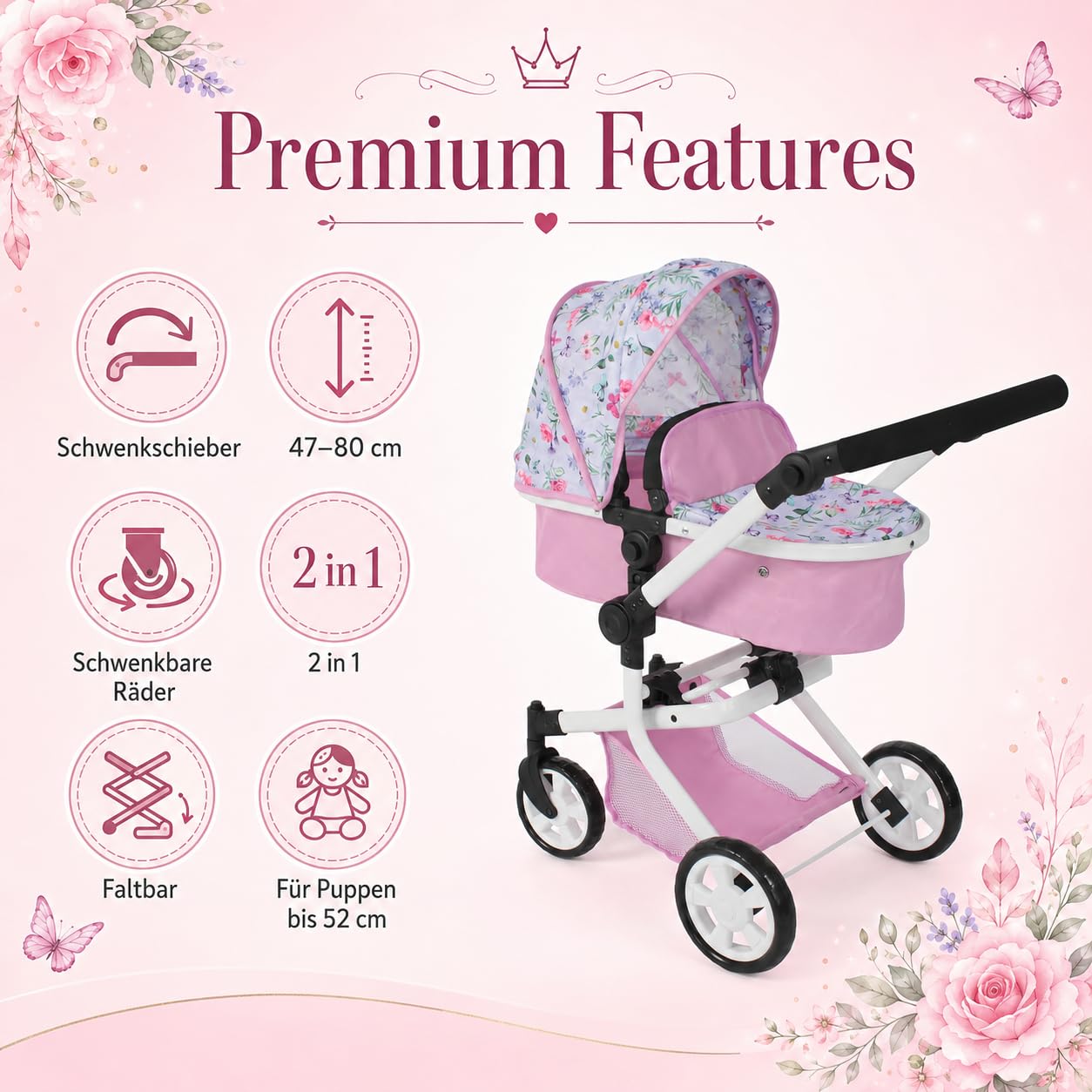 Bayer Chic 2000 Poussette poupée Mika 2 en 1 Pliable et réglable | Poussette poupée 2 en 1 pliable avec poignée réglable (47-80 cm), pour poupées jusqu'à 52 cm.