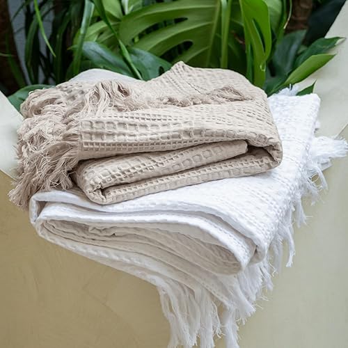 Miniatura 9 de Manta de punto gofre 100% algodón con flecos, manta de punto gofre prelavada para todas las estaciones, ligera, transpirable, suave y acogedora para
