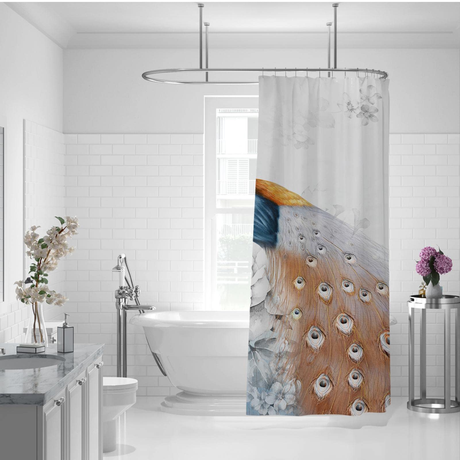Beau Rideau de Douche Peacock pour Tissu de Salle de Bain Rideaux de Douche en Polyester Set avec Crochets Imperméable à l’Eau Rideaux de Baignoire faciles à Entretenir W150xL200cm