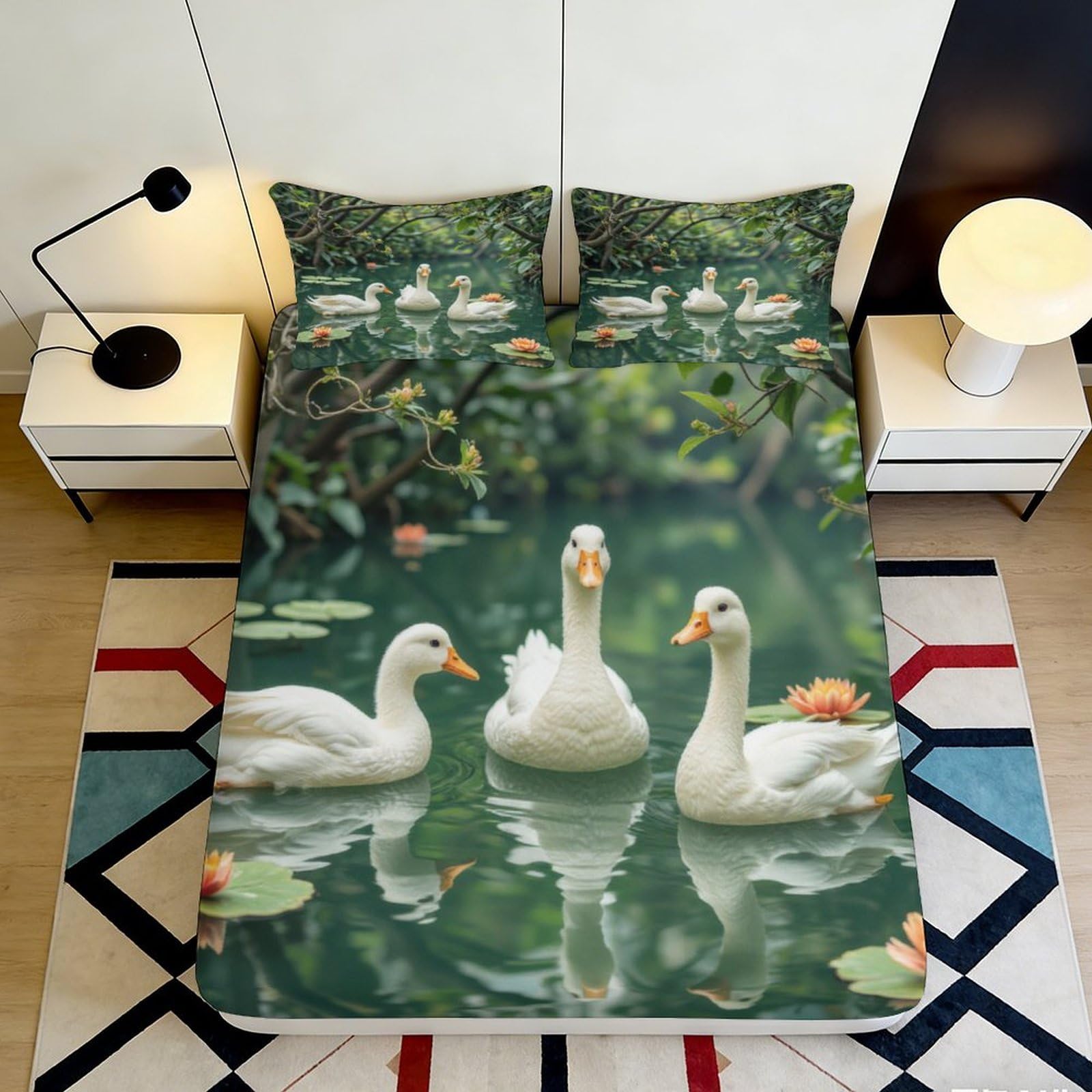 3D Printed Swan Lake Fitted Sheet Microfiber Soft Bedroom Decor Lotus Pond Mattress Cover Anti-slip Washable 90x200x25cm