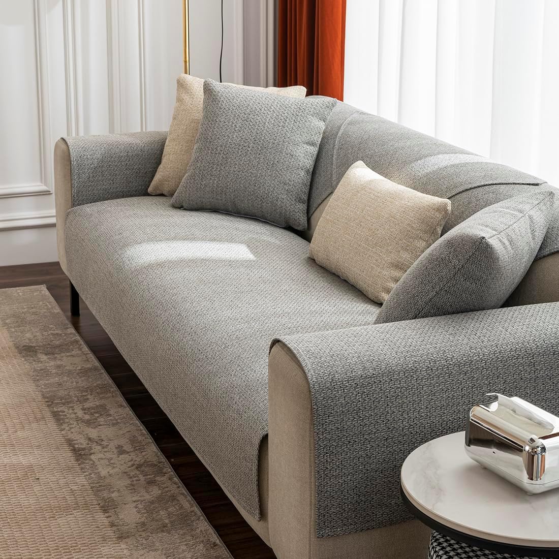 vctops Rustic Linen Textured Couch Sofa Cover Solid Color Non Slip Sectional Couch Covers Soft Sofa Slipcover for Dogs, Children, Pets Furniture Protector (Grey,43"x43")