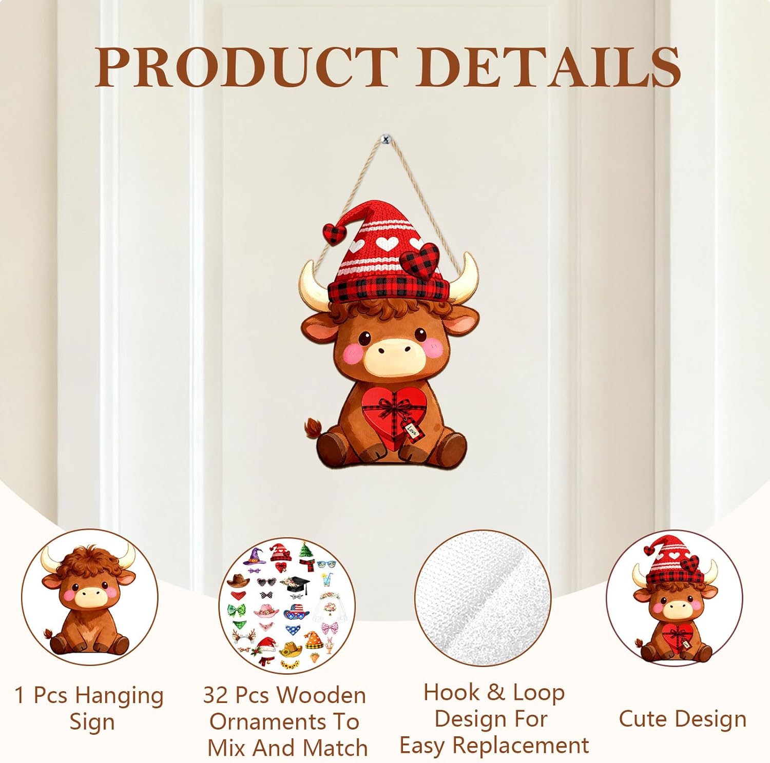 Interchangeable Wooden Highland Cow Decorations, Christmas Hanging Wall Door Decor, Holiday Seasonal Decor and Detachable Hats Welcome Sign, Farmhouse Hanging Sign for Front Door, 32 PCS