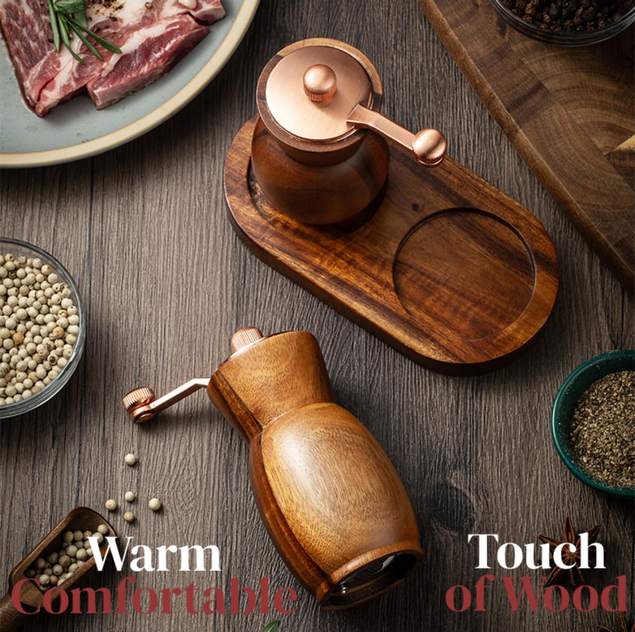 Stelalloy Pepper Grinder and Mill - Salt and Pepper Grinder Set with Holder - Wooden Shakers - Refillable Maual Spice Grinder (4.5