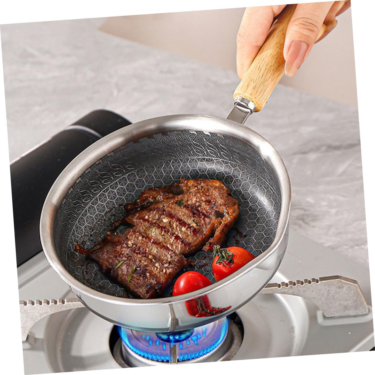 Padella Antiaderente in Acciaio 316 da 16 CM con Fondo Piatto e Manico Antiscivolo Padella per Uova e Bistecche per Cucina Casalinga e Uso Quotidiano
