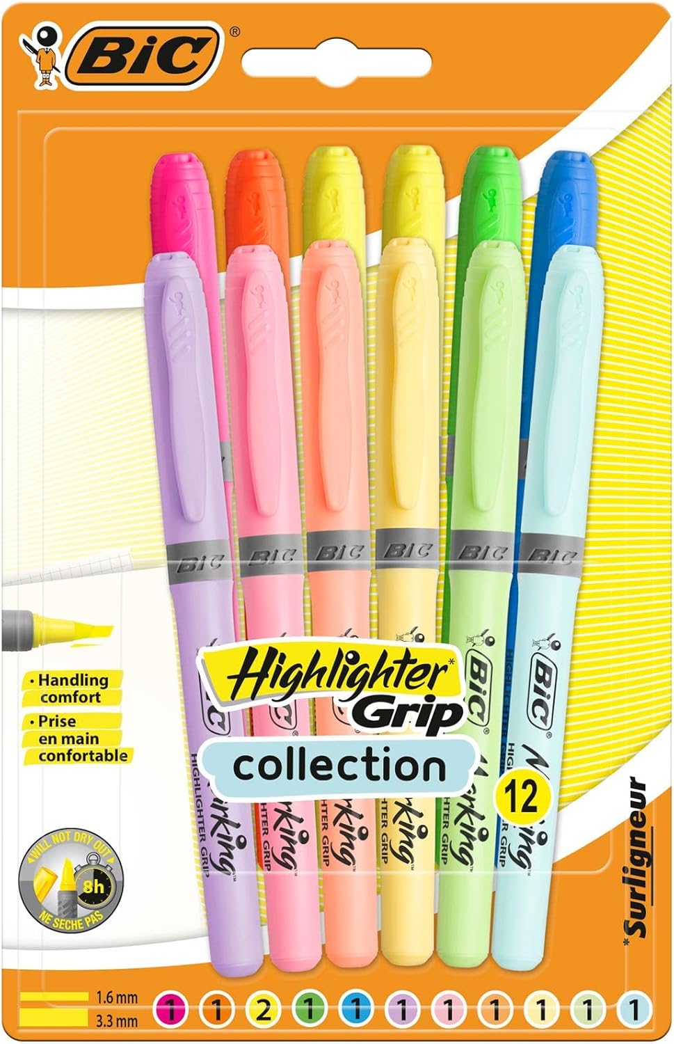 Bic Highlighter Grip, Ribbed Rubber Grip for Extra Comfort, Water-Based Ink, Assorted Intense and Pastel Colours, Pack of 12