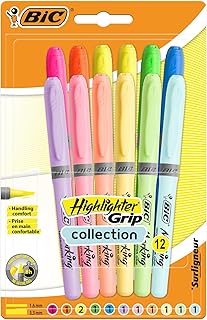 BIC Highlighter Grip Sublinhadores de ponta chanfrada regulável - cores em tons intensos e pastel, sortido, pack de 12