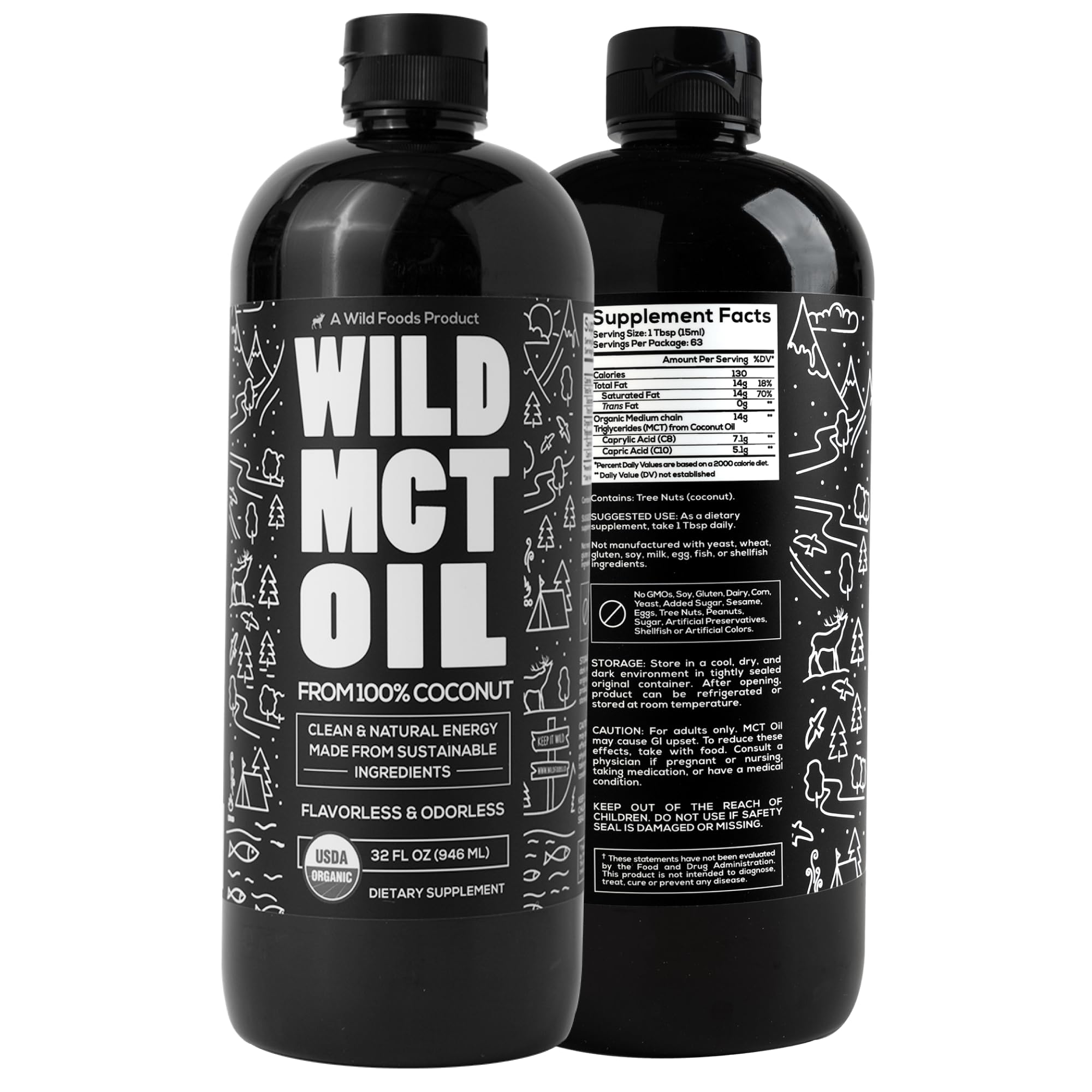 Wild MCT Oil Organic Coconut – 32 fl oz – from 100% Natural Coconut – Flavorless & Odorless C10/C8 MCT Oil for Energy & Cognitive Support – Keto-Friendly – Perfect for Coffee, Shakes & Recipes
