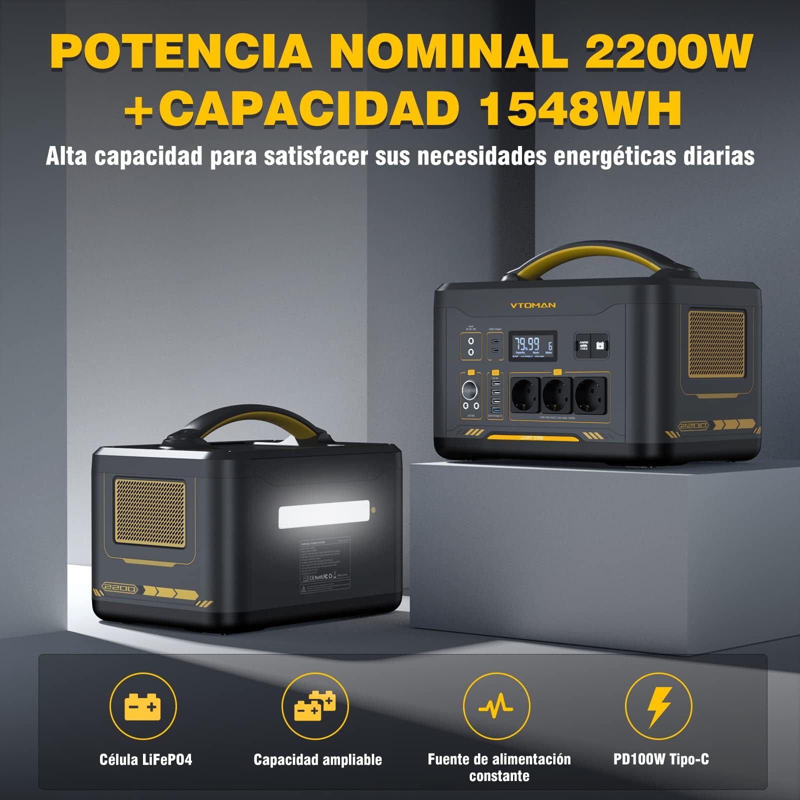 VTOMAN Jump 2200 Estación de Energía Portátil, 2200W 1548Wh Generador Solar con LFP Batería, 3 Salidas CC de y 3 CA de 2200W (Pico 4400W), Capacidad Ampliable a 3096Wh para Acampadas y Emergencias