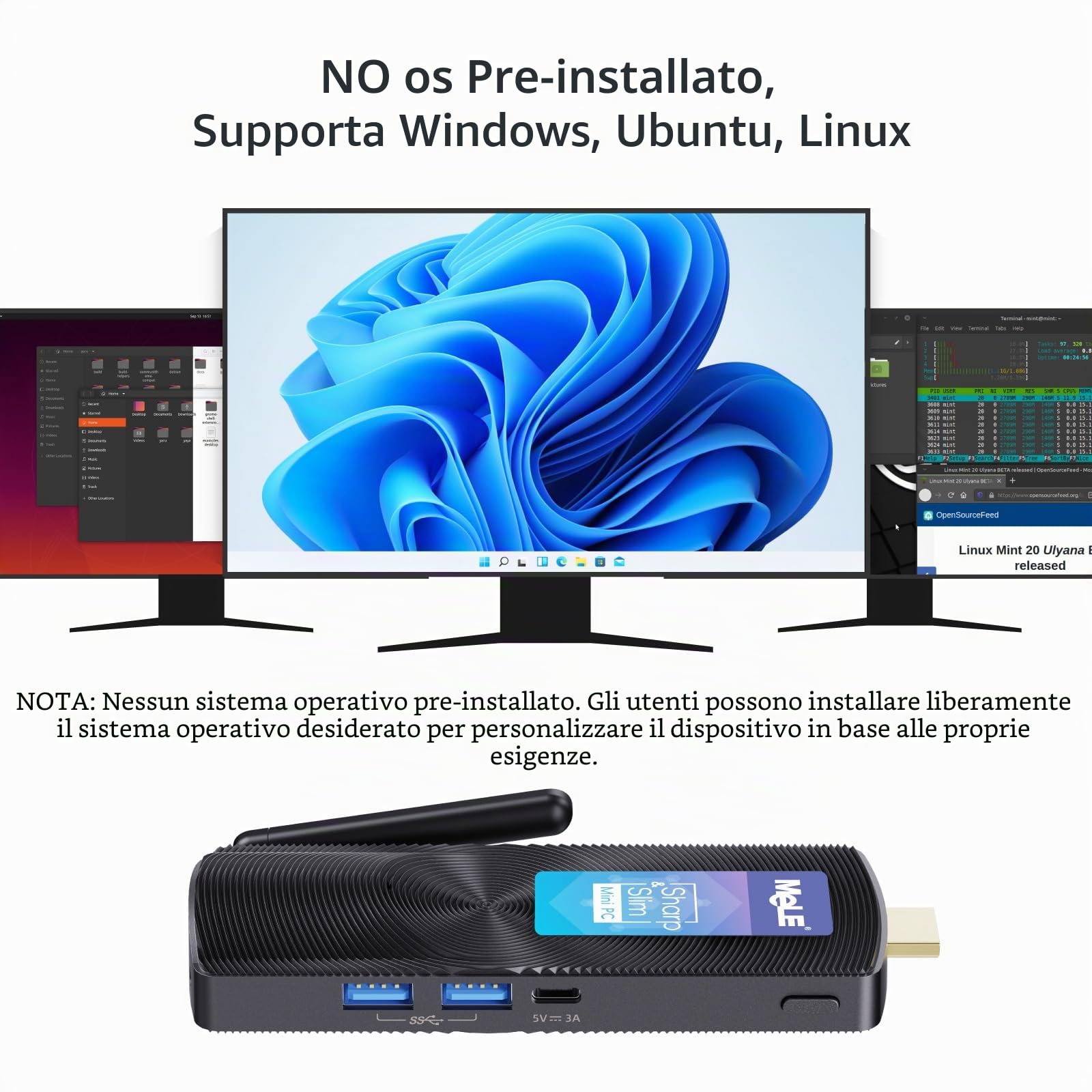 Mele PCG02 PC Stick Fanless, N100 8GB 128GB, Senza OS, Linux/Ubuntu | N100 fino a 3.4GHz, 8GB RAM, 128GB archiviazione, senza sistema operativo preinstallato doppio HDMI 4K, staffa VESA, for IoT