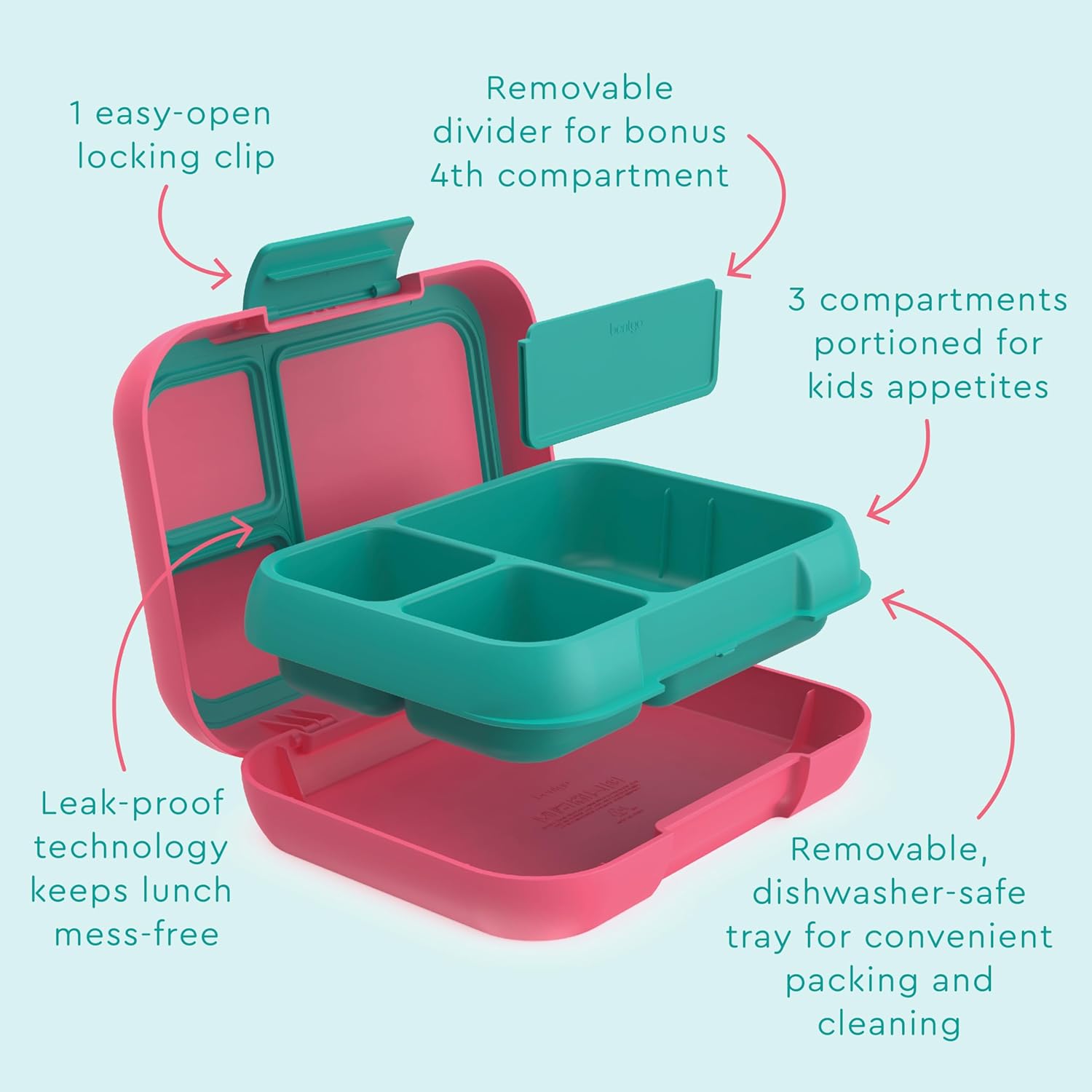 Bentgo Pop - Leak-Proof Lunch Box & Removable Divider for Ages 8+ & Teens - Lunch Container Holds 5 Cups of Food; 3-4 Compartments; Microwave/Dishwasher Safe; 2 Year Warranty (Bright Coral/Teal) - Image 4