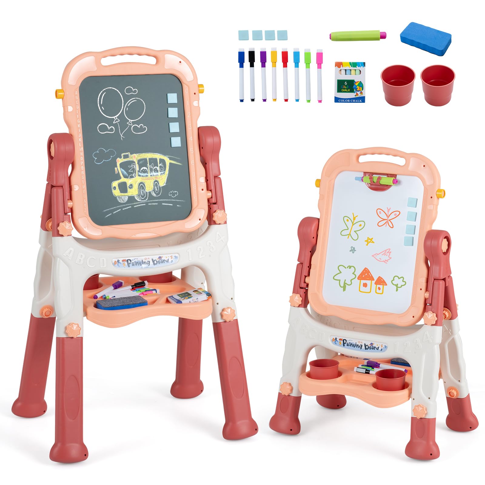 COSTWAY 4-in-1 Kindertafel, Doppelseitige Kinderstaffelei (Pfirsichrosa)