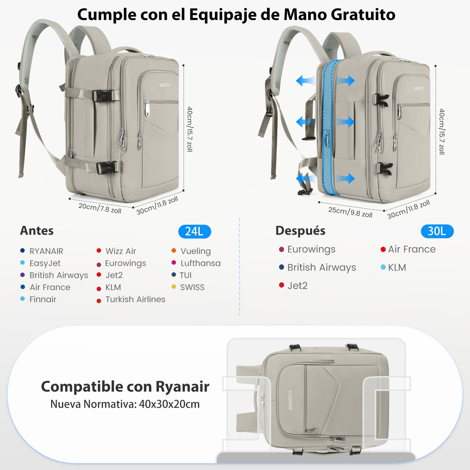Mochila 40x30x20 Expandible 40x30x25 para Ryanair,Vueling, Wizz Air, Mochila Viaje Cabina Avión Mujer y Hombre, Equipaje de Mano con Compartimento Portátil 15.6", Mochila Antirrobo