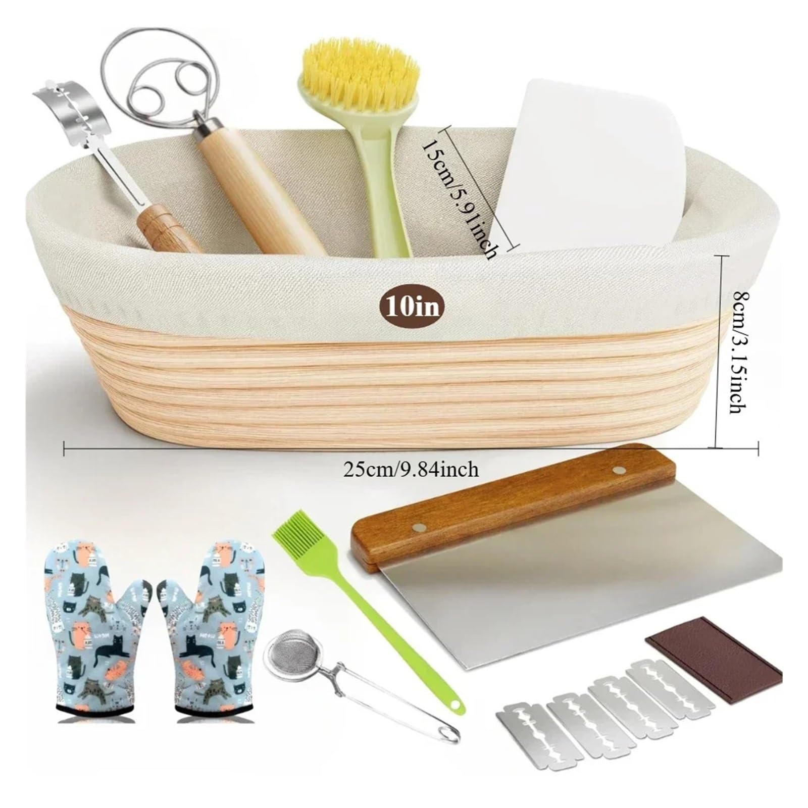 Gärkörbchen-Set for Anfänger, 25,4 cm, ovale Körbe, Gärkörbe, Handschuhe, Teigmischer for Brotliebhaber(14pcs)