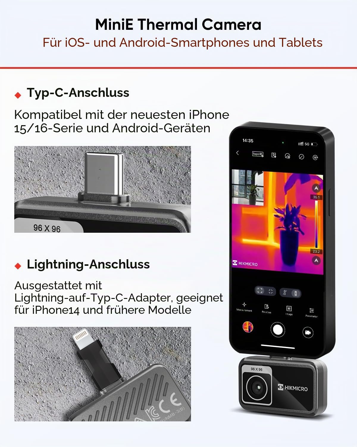 HIKMICRO Minie Wärmebildkamera - iOS/Android, 192×192 SuperIR Bildverbesserung, 25Hz, für Smartphone/Tablet, USB-C/Lightning(unterstützt iPhone 15/16) | 192x192 SuperIR, USB-C/Lightning, 25Hz, Telefon/Tablet/PC, Home & HVAC & Electrical