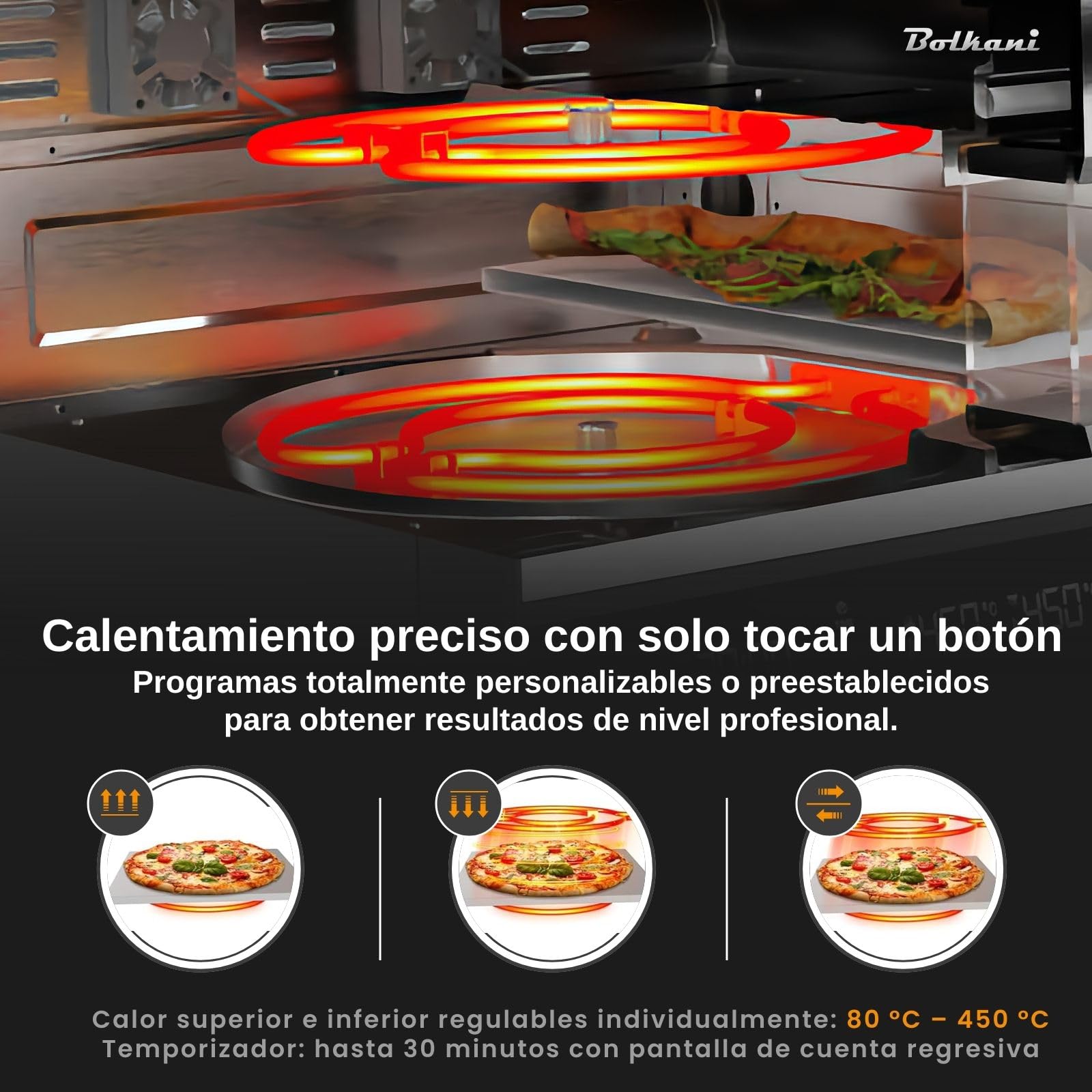 Horno eléctrico para pizza con piedra para pizza, 450 °C para pizza crujiente en 2 minutos, 1700 W, temporizador, iluminación interior y ventana, horno compacto para casa (negro)