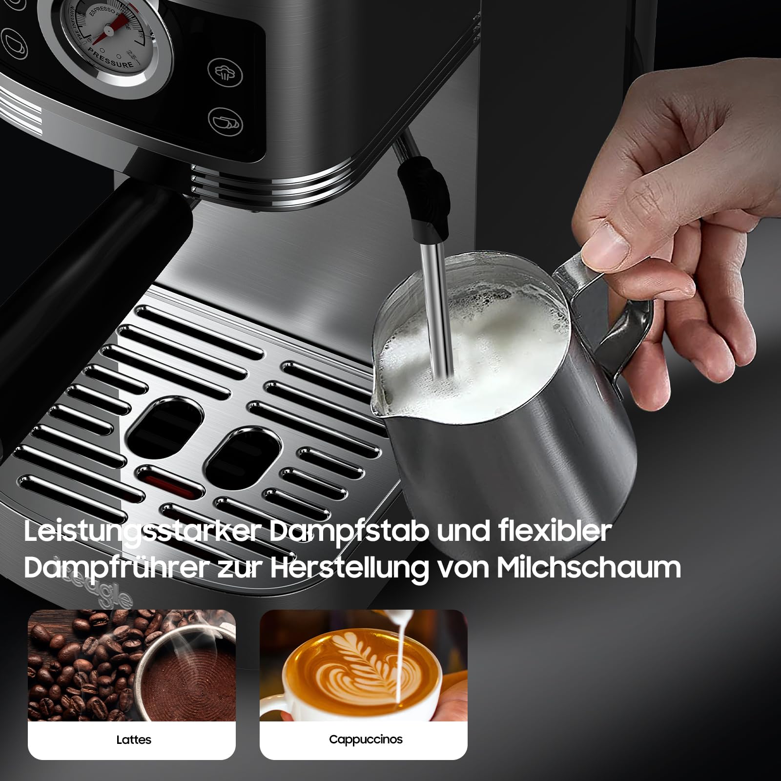 iceagle Espresso Siebträgermaschine 20-Bar Italienischer Pumpe | 1350W Espressomaschine Edelstahl mit Milchaufschäumer, Kaffeemaschine für Cappuccinoo, Touchscreen mit Druckanzeige, 1.3L Wassertank