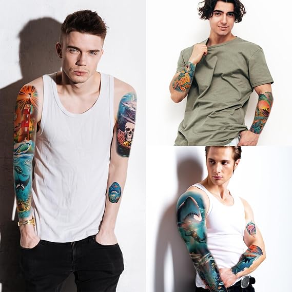 46 Sheets Temporary Tattoo for Men Women, 8 Full Arm Shark Dolphin Fake Tattoos, 8 Half Arm Ocean Jellyfish Turtle Fish Fake Tattoos, 30 Tiny for Adults Kids Body Tattoos Stickers Waterproof Realistic