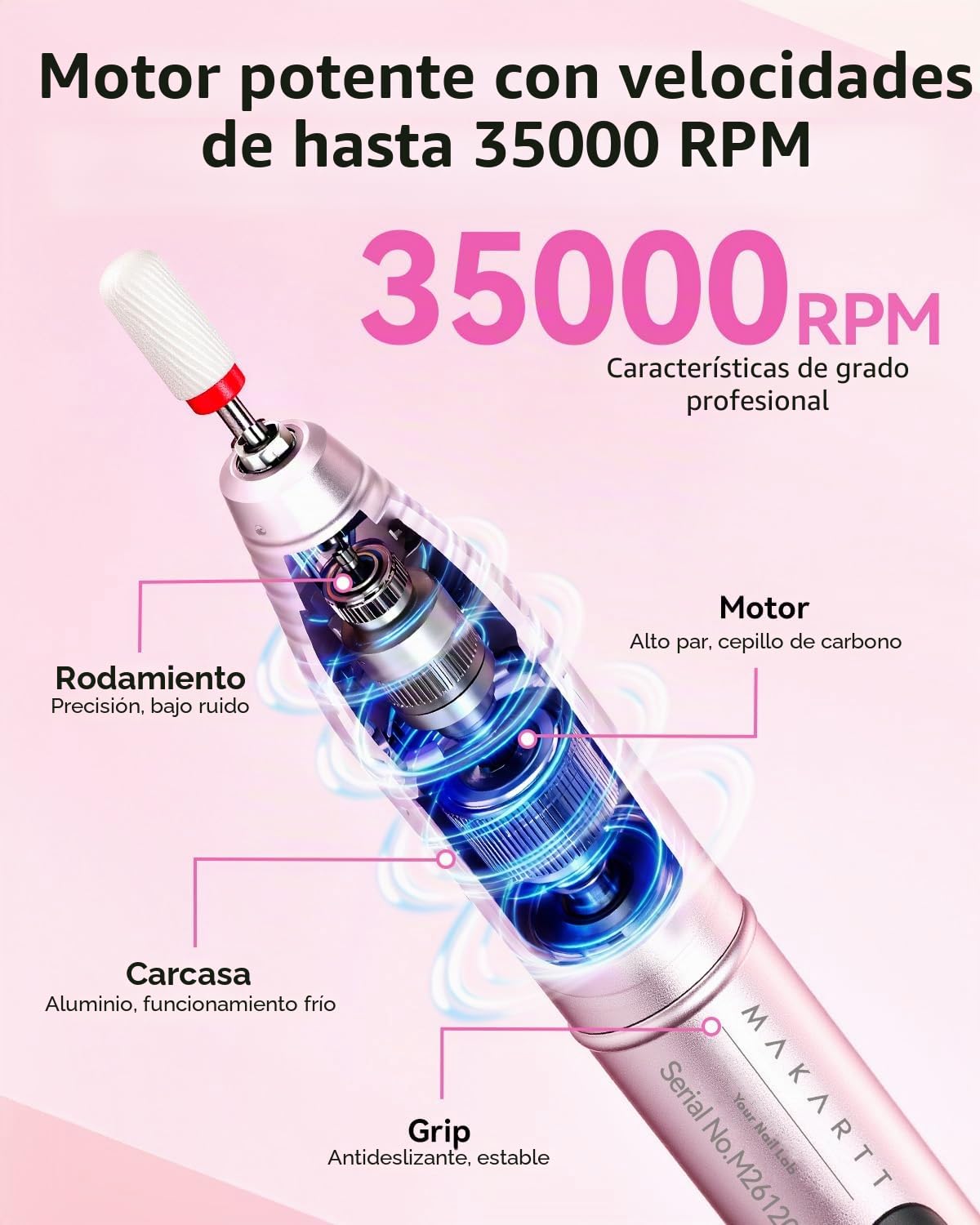 Makartt Torno para Uñas Profesional – Torno para Uñas Recargable con 35000 RPM, Juego de Lima Uñas Eléctrica para Esmalte de Uñas Acrílico en Polvo gel, Nail Drill Manicura Silencioso Ligero Portátil | Lima eléctrica portátil con accesorios, para uñas acr