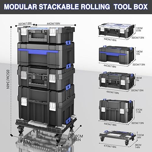 Miniatura 2 de Caja de herramientas apilable de 4 niveles con ruedas  Sistema de almacenamiento modular de caja organizadora de herramientas  Caja de herramientas