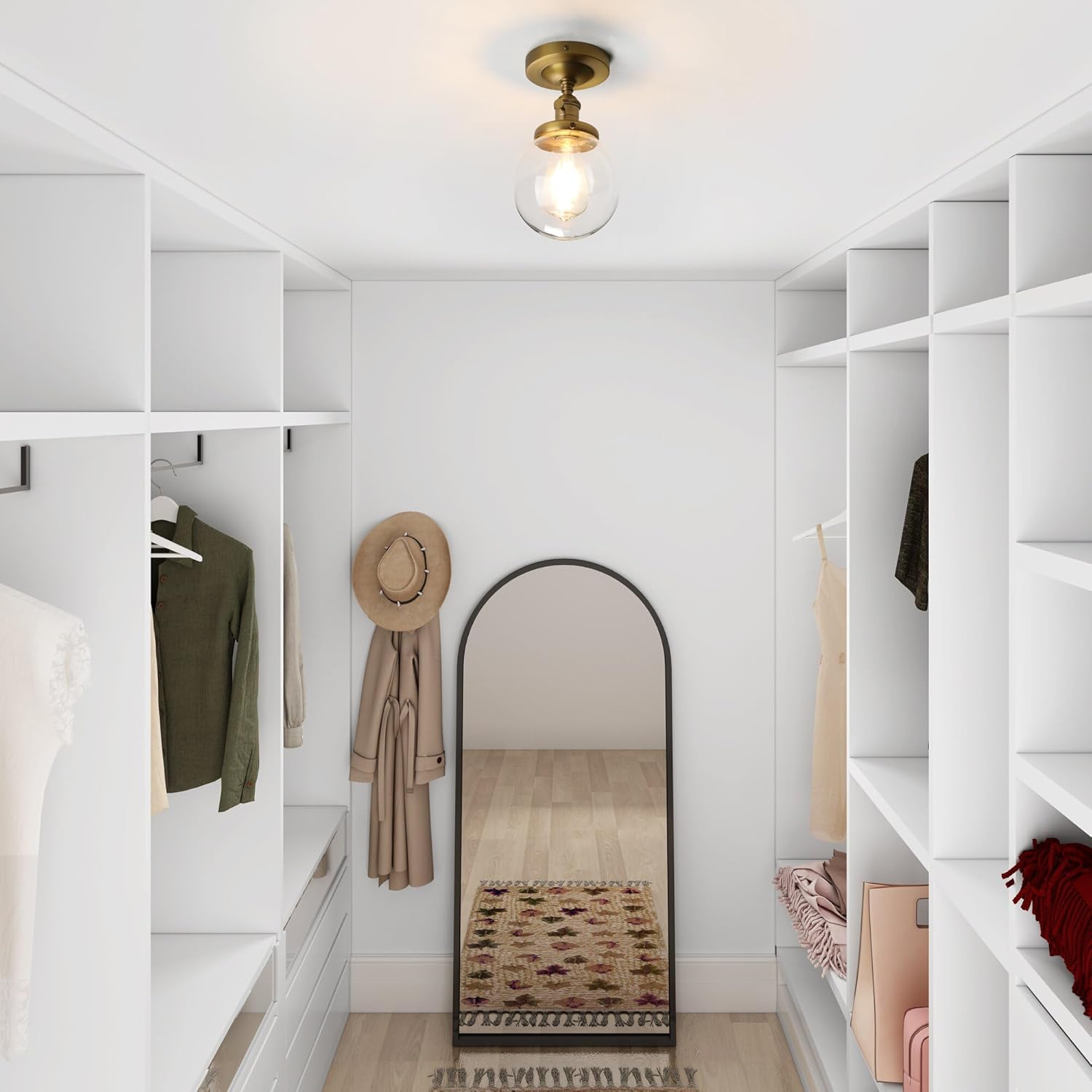 Pathson Industrial Brass Semi-Flush Mount Ceiling Light, Vintage Style Pendant Lighting, Glass Shade Hanging Light Fixtures for Laundry Room Living Room Cafe Bar