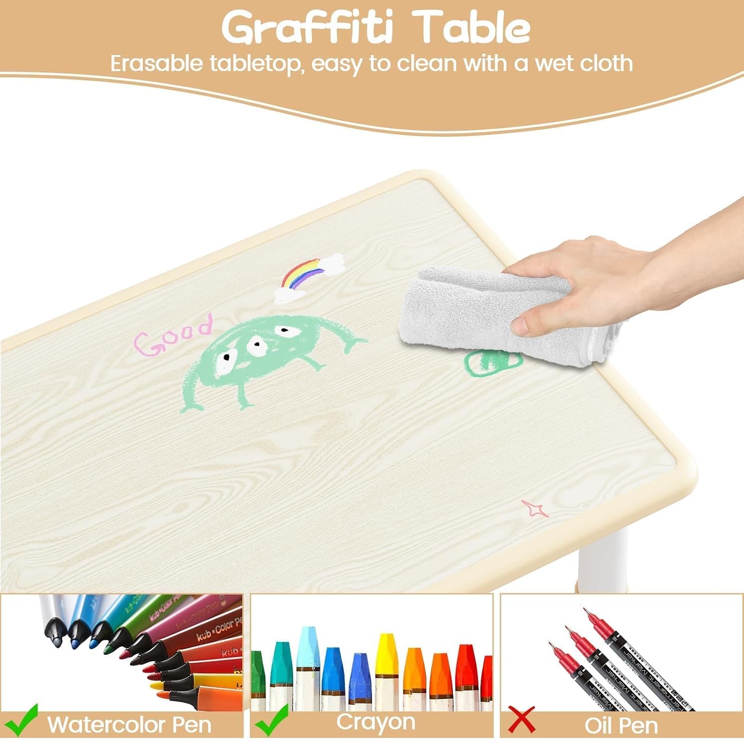IDEALHOUSE Kids Table and 6 Chairs Set, Height Adjustable Toddler Table and Chair Set, Graffiti Desktop, Children Study Table for 6 for Home Daycare Preschool for Ages 2-10, Wood Color