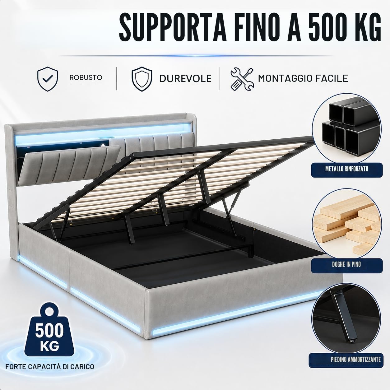 BRILVERDE Letto imbottito 140x200 con Contenitore idraulico, Letto matrimoniale a LED con USB, Funzionale con testiera, Struttura letto con rete a doghe, Velluto (Grigio, 140 x 200 cm)