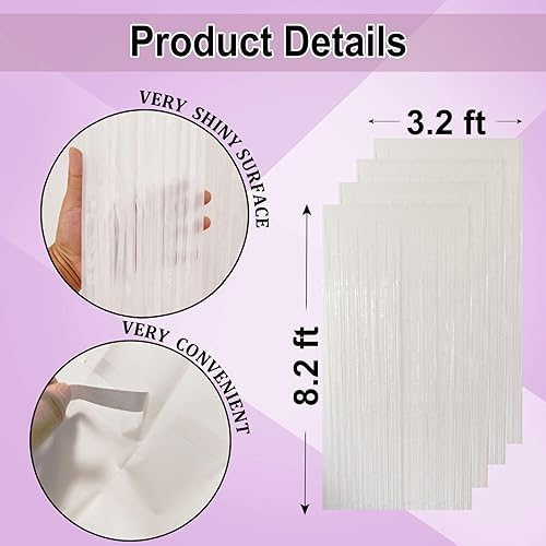 Miniatura 3 de Cortinas de fondo con flecos blancos para fiestas, paquete de 4 cortinas blancas de 3.2 x 8.2 pies, cortinas de fondo para fotos, para bodas,