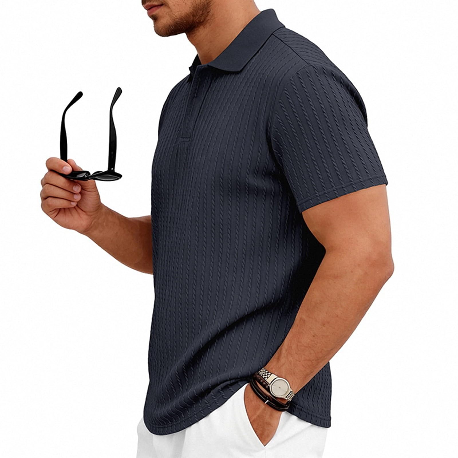 Polo Homme Texturé à Rayures Verticales Col Rabattu Boutonné Manches Courtes Été Confortable Coupe Ajustée Séchage Rapide pour Style Urbain et Décontracté