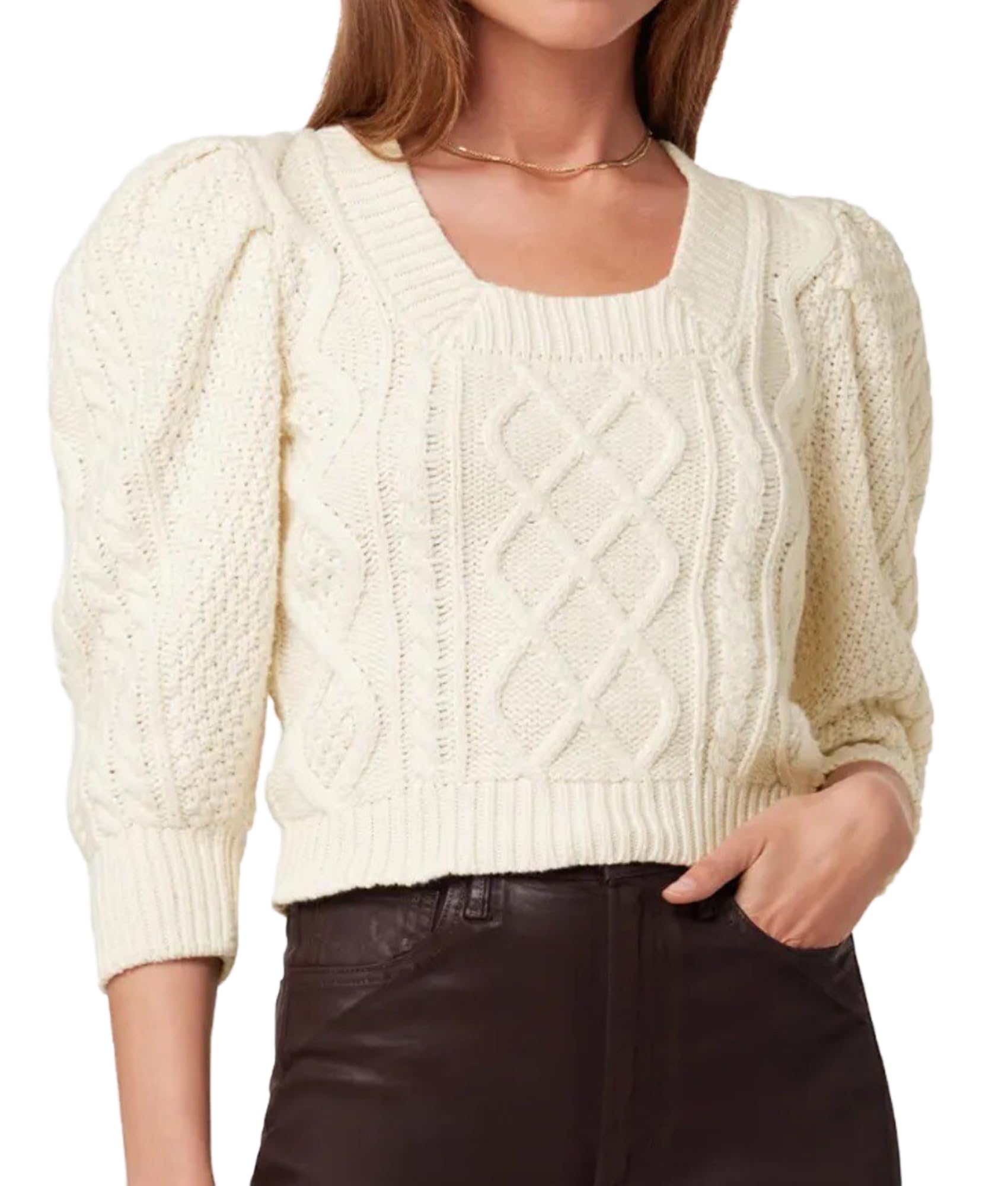 Womens Cropped Square Neck Cable Sweaters 3 4 Puff Sleeve Work Office Knitted Pullovers Going Out Tops