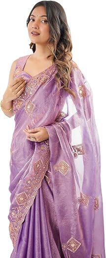 Satrani Women's Shimmer Chiffon Scalloped Border Sequins Embroidery Saree with Unstitched Blouse Piece
