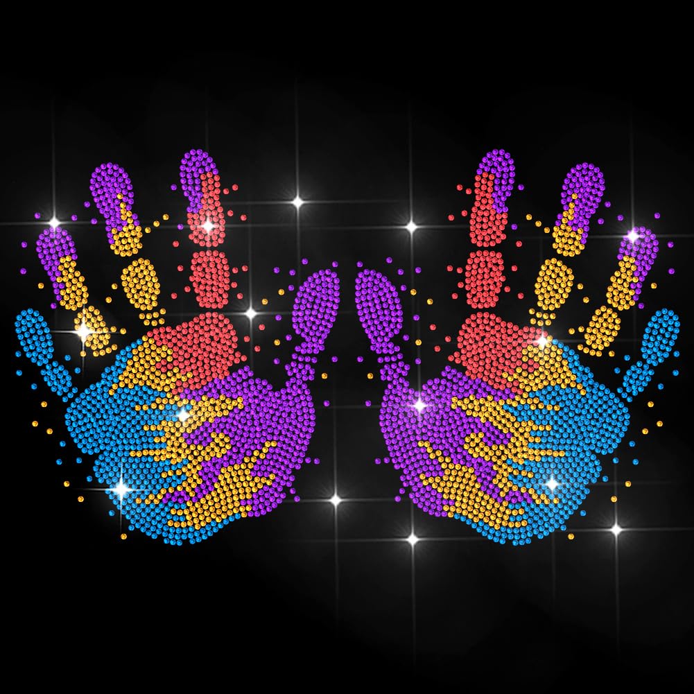 MAYJOYDIY Colorful Handprint Rhinestone Iron on Decal Graffiti Fingerprints Hotfix Transfer Sticker Shining Heat Transfer Patch for Clothing Repair T-Shirt Hat Jacket Bag DIY Decor