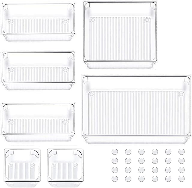Yibaodan 7 Pack Desk Drawer Organizer Trays, 4 Size Bathroom Drawer Tray Dividers Versatile Storage Bins Plastic Vanity Trays Organizers Divider Container for Dresser Makeup Kitchen Utensil Office