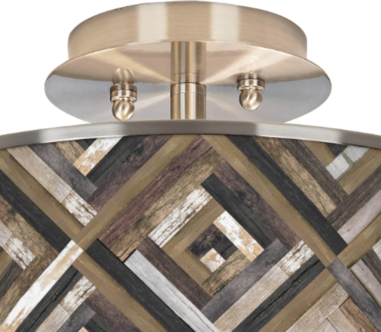 Giclee Glow 14" Rustic Traditional Western Semi Flush-Mount Ceiling Light Fixture Kitchen Foyer Hallway Drum Round Woodwork Diamonds Shade LED Brown Brushed Nickel Finish Bedroom Bathroom Entryway